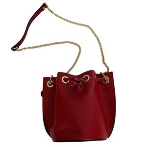 Diva Red Leather Drawstring Bucket Bag with Gold Chain Strap